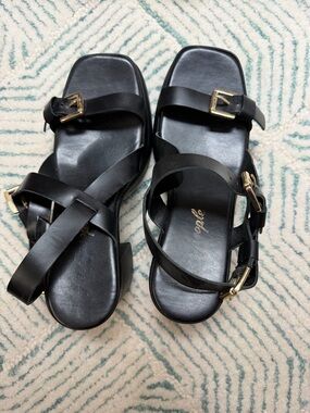 Free People Black Leather Buckle Strap Chunky Heels